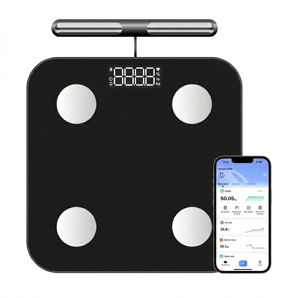 The Body Pod Smart Scale: 8-Electrode Digital Bathroom Scale with 40+ Measurements Across Weight, Fat, BMI, Muscle Mass - Full Body Composition, 400 lbs Limit, 4xAAA Batteries Included