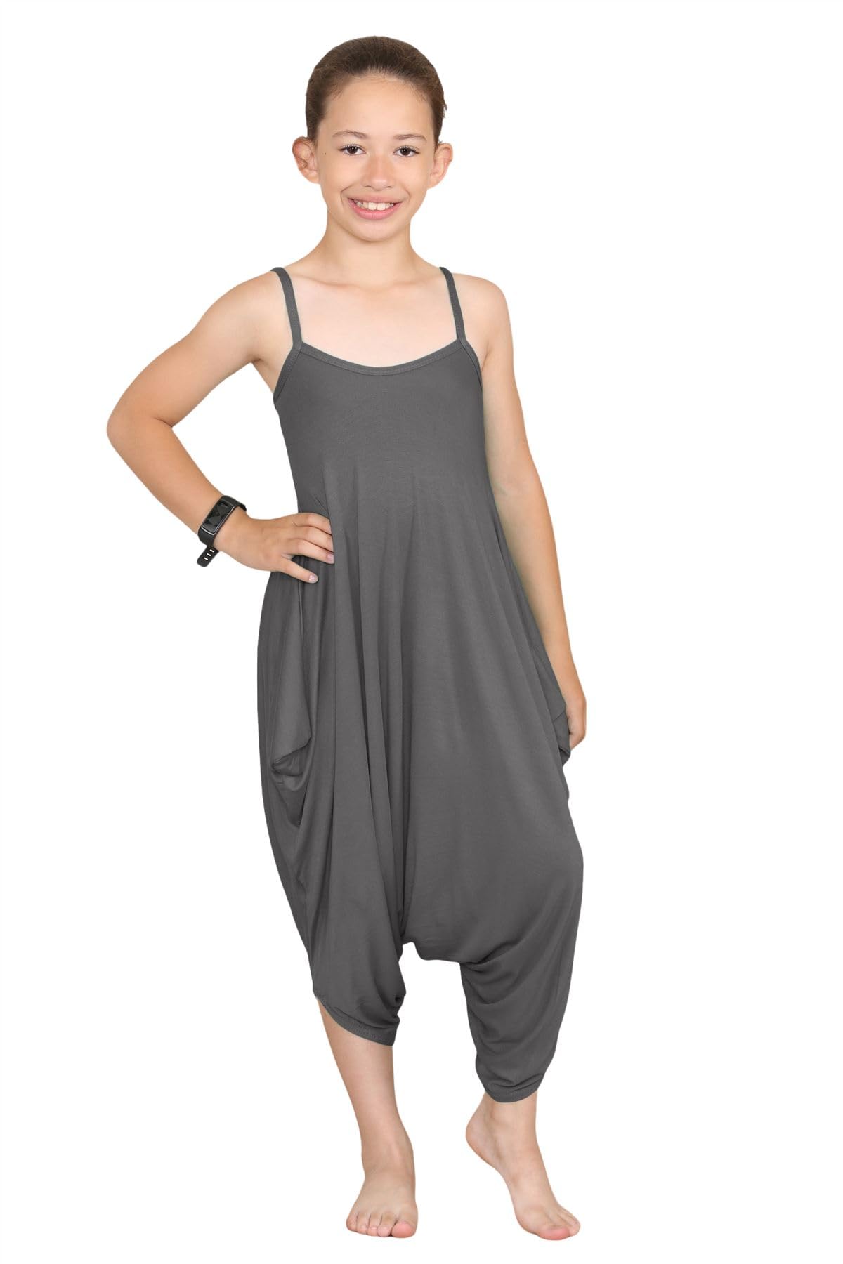 Hamishkane New Kids Girls Cami Jumpsuit Italian Drape Baggy Plain Lagenlook Romper Playsuit Charcoal