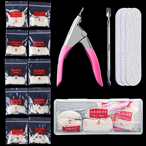 AORAEM Acrylic Nail Clipper Nail Tip Set Professional Fake Nail Clippers Kit Artificial False Ballerina Natural Nails with Bag and Nail Files Coarse Grit for Nail Salon (Pink+Nartual Nail)