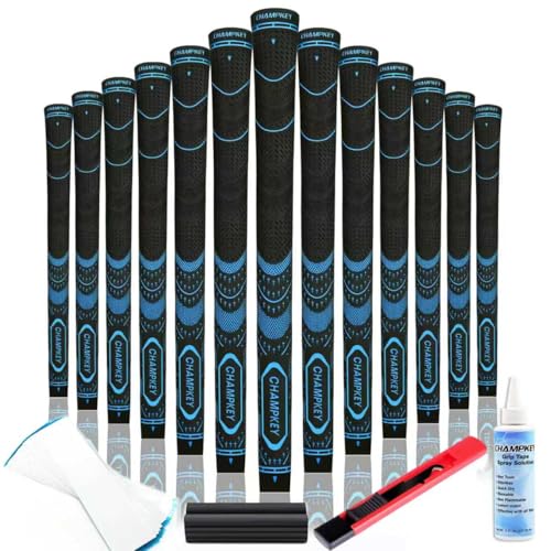 CHAMPKEY Soft Rubber Golf Grips 13 Pack with Full Repair Kits - All Weather Performance Golf Club Grips (Blue Standard)