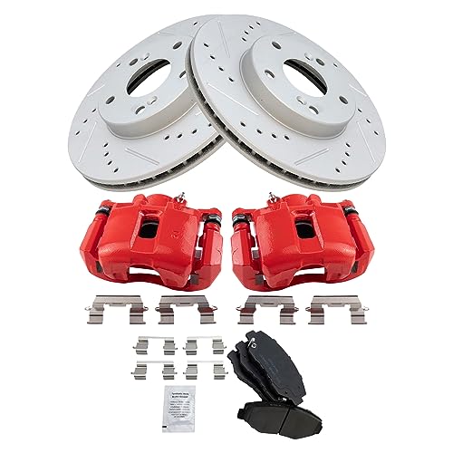 Image of TRQ Performance Front Brake Pad and Rotor Set Ceramic Drilled Slotted | For 2003-2004 Honda Accord