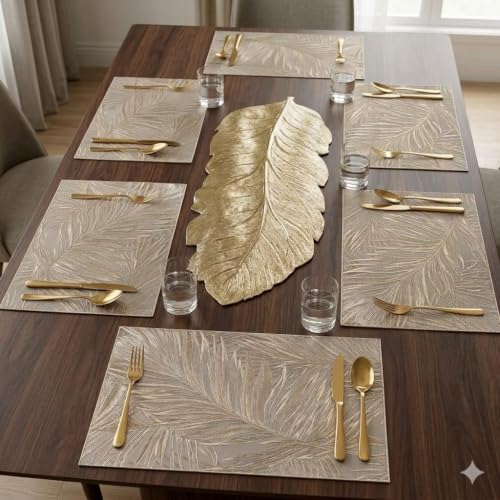 Image of Dakshya Industries PVC Waterproof Dining Table Mats Set of 7 (6 Rectangular Placemats + 1 Leaf Table Runner) | Heat Resistant Washable Non Slip Table Mats for Dining Table Kitchen Home Decor