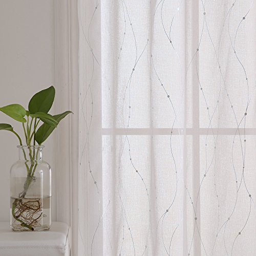 Deconovo Sheer Foil Print Curtains – Silver Wave Metallic Grommet Panels, Light-Filtering Drapes for Living Room & Bedroom, Oeko-TEX Certified, 2 Panels, White & Silver, 52W x 84L Inch