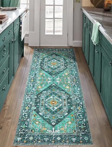 SERISSA Boho Washable Runner Rug, 2x5 Rug Runner Non-Slip Vintage Teal Hallway Kitchen Runner Rug Ultra Soft Print Distressed Tribal Floor Carpet Runner for Bedroom Bathroom Laundry Living Room