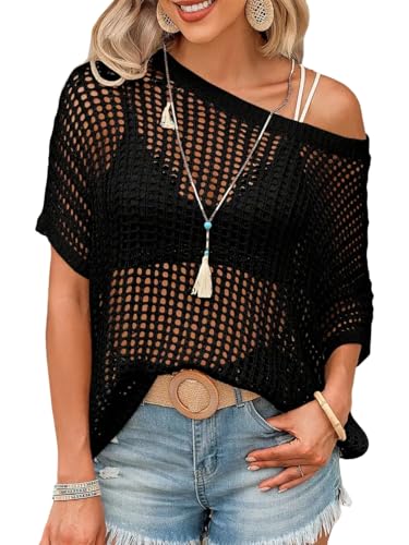 Short Sleeve Crochet Sweater Casual Beach Cover up Off Shoulder Summer Tops Loose Hollow Out Knit Tops Crewneck Pullover