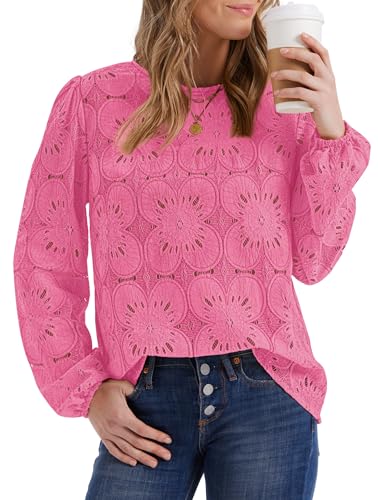 Image of OFEEFAN Blouses for Women Dressy Casual Spring Tops 2026 Summer Outfits Flower Lace Crochet Long Sleeve Shirts