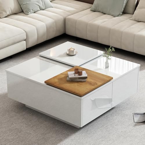 BTM Table Basse Carrée, Unique Plateau Coulissant, Conception de Couleur Cousue, 2 Tiroirs, Moderne Table d’Appoint Blanche, 75x75x34cm, Blanc et Brun