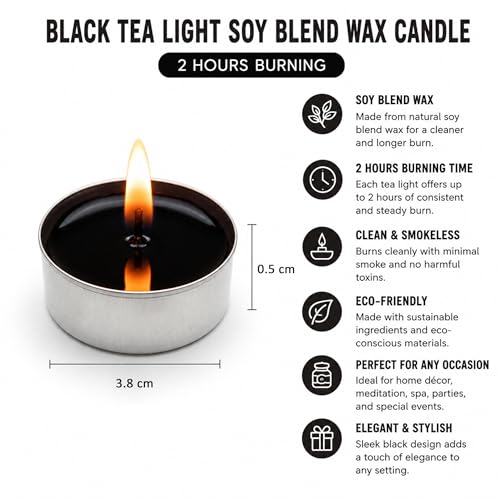 Image of Unscented Tea Light Candles | Soy Wax Blend Long-Lasting with Cotton Wick | Perfect for Home Decor, Parties, Weddings, and More | Set of 100 (Black)