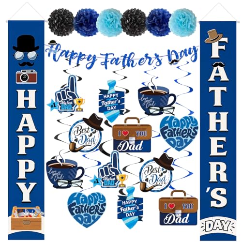 Happy Fathers Day Decorations Kit Included Happy Fathers Day Banner Fathers Day Decor Porch Banner 12 Fathers Day Hanging Swirls 6 Pom-Poms Party Supplies for Home Wall Backyard Party Office