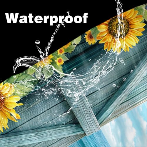 Image of Blue Beach Barn Door Shower Curtain, Ocean Coastal Seaside Shower Curtains, Rustic Sunflower Farmhouse Wood Plank Western Retro Nature Plant Waterproof Fabric Bathroom Curtain Sets with Hooks