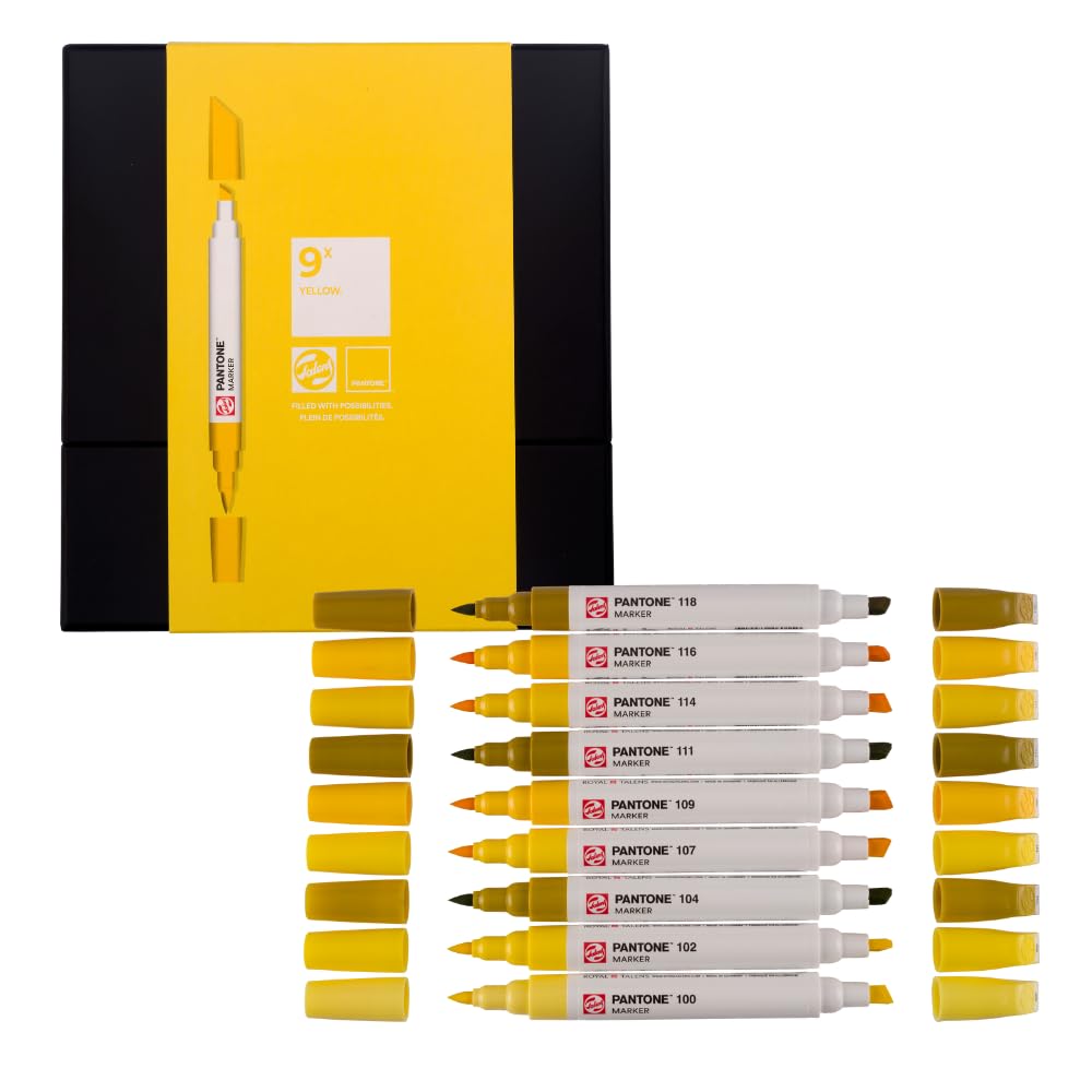 Talens | Pantone Marker Set of 9 Yellow | Dual Tip Marker with Brush and Chisel Tip | Water-Based Pigmented Ink in Pantone Colors