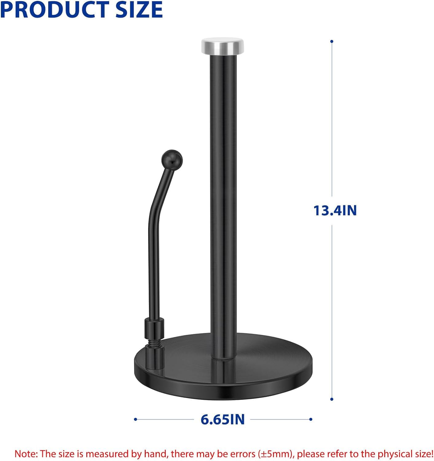 Porta asciugamani di carta nera con braccio a molla, in acciaio al carbonio, base grande diametro 17 cm, con fondo antiscivolo, supporto per dispenser di asciugamani di carta per piano di