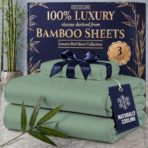 Image of DECOLURE 100% Viscose Derived from Bamboo Sheets Twin Size - Luxury 3 Pc Naturally Cooling Sheets, Ultra Soft Bed Set - Deep 17 inch Pockets, Durable Double Stitching, Oeko Tex Standard (Sage Green)