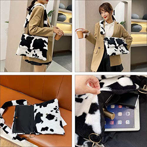 ABOOFAN Bolsa de Ombro de Pelúcia Feminina Bolsa de Ombro de Falsa Com Estampa de Vaca Retrô Crossbo