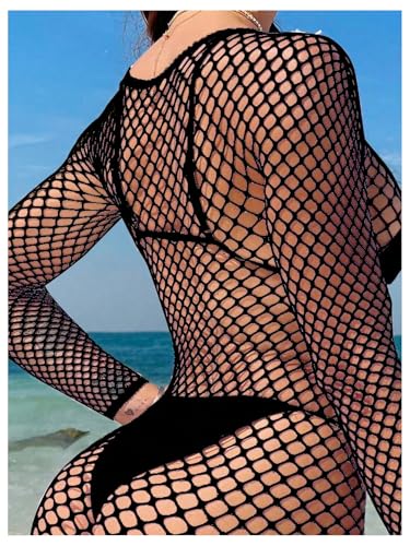 WDIRARA Women's Hollow Out Fishnet Cover Up Long Sleeve Sheer Mesh Beach Dress Coverups4