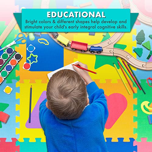 Image of ProSource Kids Foam Puzzle Floor Play Mat with Shapes & Colors 36 Tiles, 12 inchx12 inch and 24 Borders