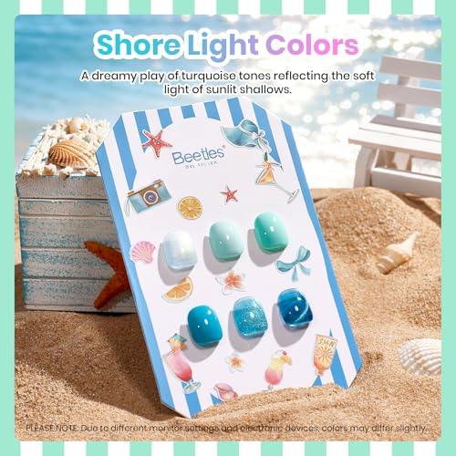 Image of Beetles Blue Gel Nail Polish Set, Summer Voyage Shore Light Cat Eye Gel Polish 6 Colors Mint Green Lyons Nail Gel with Nail Art Stickers & Scrunchie, Soak Off Uv Manicure Kit Gift for Women