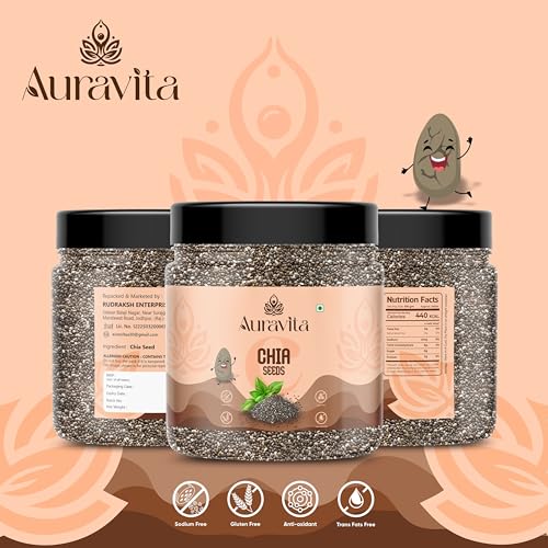 Image of Auravita Premium Chia Seeds 250gm | Rich in Calcium, Protein & Fibre | Beat the Heat | 100% Clean Chia Seeds for Eating | Antioxidant Rich Superfood for Smoothies, Salads & Baking