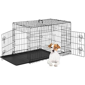 FDW Dog Crate for Small Dogs 24 Inch Folding Metal WirePet Cage Double Door W/Divider Panel Indoor Outdoor Kennel Leak-Proof Plastic Tray,Black