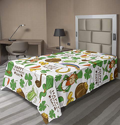 Ambesonne St. Patrick's Day Flat Sheet, Irish Party Pattern Beer Leprechaun Flag Hearts Rainbow Gold Shamrock, Soft Comfortable Top Sheet Decorative Bedding 1 Piece, TwinXL Size, Multicolor