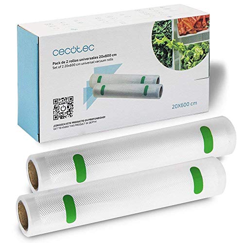 Cecotec Pack de 2 Rollos para Envasadora al vacío. Superficie gofrada, 6 metros de Largo, Permite hacer bolsas de tamaño personalizado, BPA Free (Anchura 20 cm)