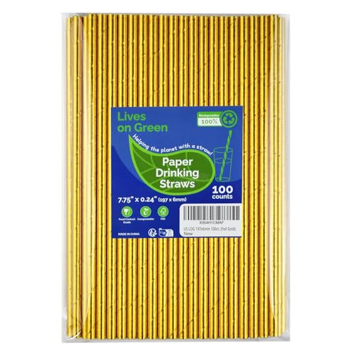 Lives on Green 7.75 inch Compostable Gold Paper Straws 100 Counts - for Drinking Cocktails Party Wedding Decoration