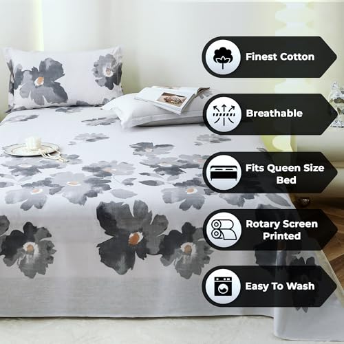 Image of Story@Home Bedsheet for Double Bed Cotton 190 TC with 2 Pillow Covers, White & Grey, Floral, 225 cm X 250 cm | Perfect for Home Decor