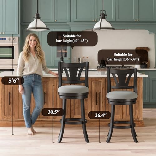 Image of MALOL Swivel Bar Stools Set of 3, 30 Inch Bar Height Barstool with Silent Rotation, High-Density Foam Cushion, Solid Wood Frame, Footrest & Anti-Slip Pads for Kitchen Islands and Home Bars, Grey