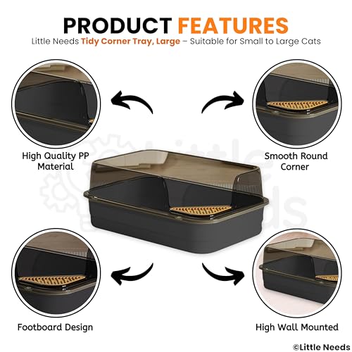 Image of Litter Tray with Scooper for Small to Large Cats (Tidy Corner, Black) (61 x 41 x 25 cm) | 24 inch Durable, Semi-Enclosed Sleek Design Tray with Corner Foot Grid for Daily Toilet Training
