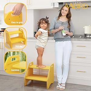 AMBIRD Wooden Step Stool Two Step Stools Toddler 400 lbs Capacity with Safety Non Slip Pads and Handles Bamboo Step Stool for Bathroom Kitchen Step Stools Dual Height Step Stools for Kids Yellow