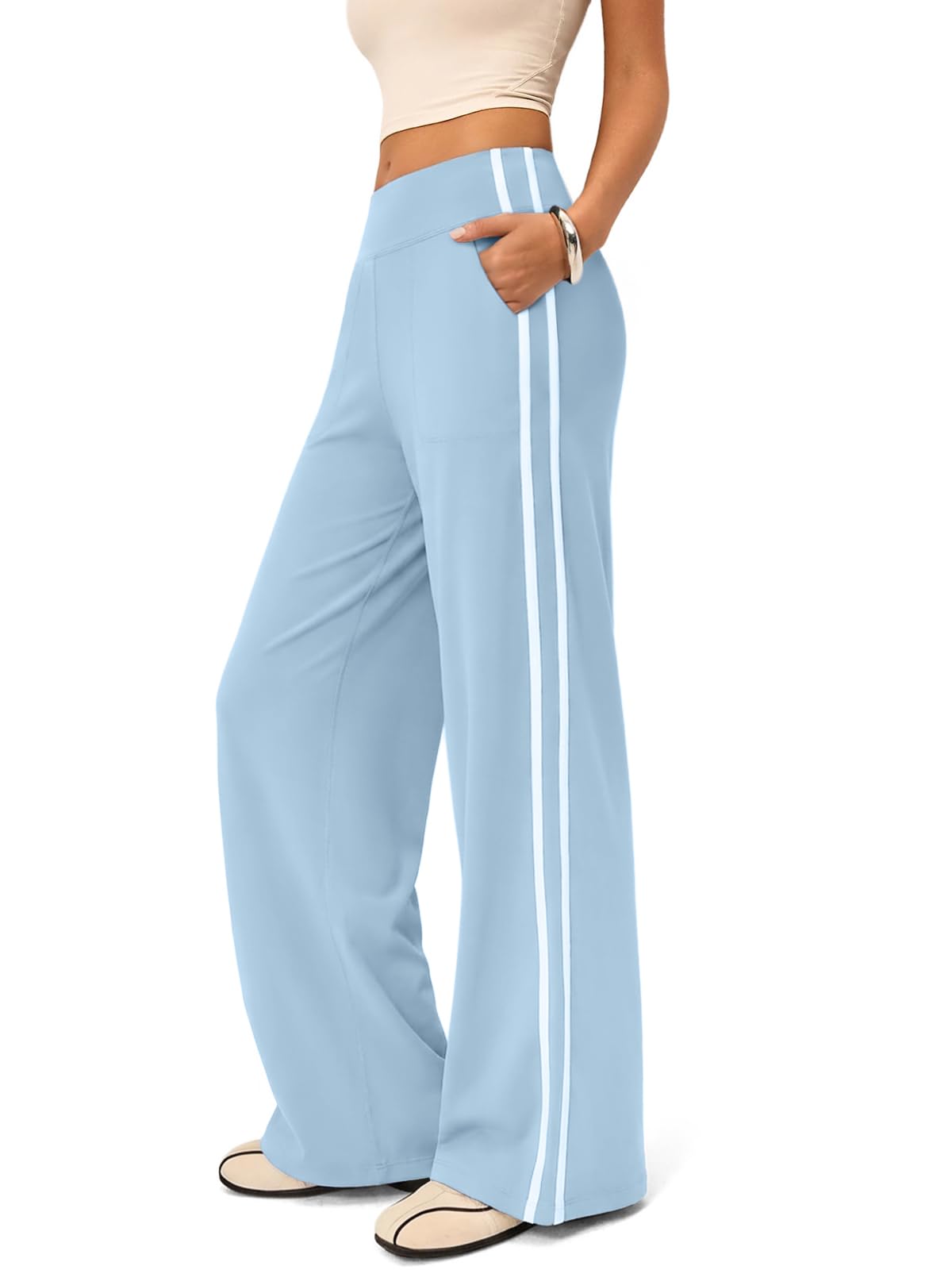 INNO MINT Wide Leg Track Pants Women–High Rise Loose Yoga Sweatpants with Pockets, Contrast Trim Trendy Trousers for Gym Sport Street