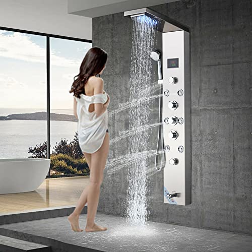 Sistema de torre de ducha con panel LED, cabezal de ducha tipo cascada, grifo de acero inoxidable miniatura 1