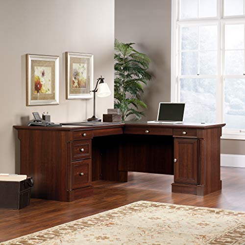 Image of Sauder Palladia L Shaped Desk with Drawers, Office Desk with File Cabinet Storage, Cable Management, Keyboard Tray, in Select Cherry finish