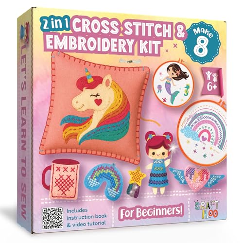 Image of 2-in-1 Cross Stitch & Embroidery Kit for Kids - 8 Beginner Projects