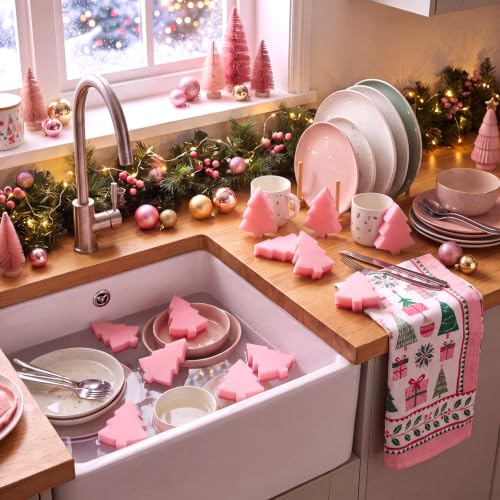 Image of Tioncy 12 Pack Kitchen Sponges Bulk Dual Sided Scrubber Sponges Dishwashing Kitchen Cleaning Accessories for Household Supplies(Christmas Tree, Pink)