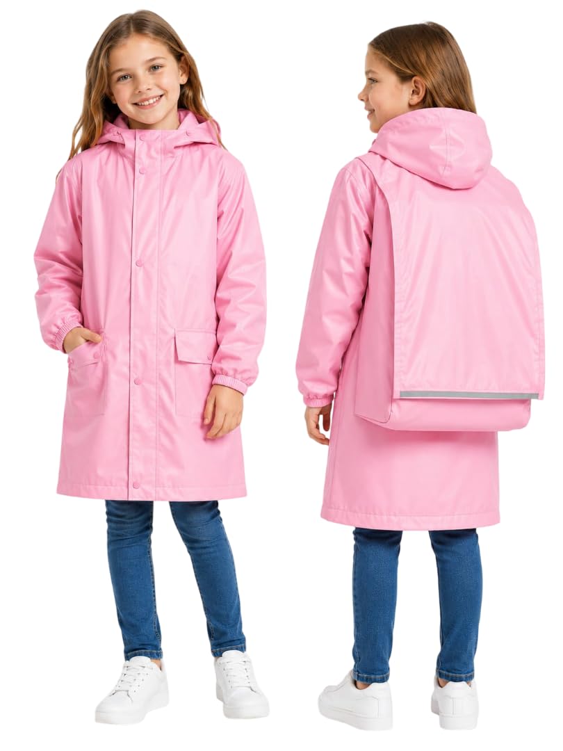Krystle Kids Waterproof Raincoat with School Bag Cover | Full-Length Hooded Raincoat | Front & Back View (Pink,Multisize)-image-33
