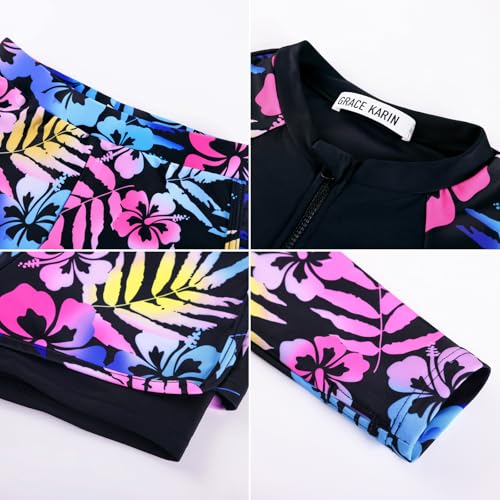 GRACE KARIN Girls Rash Guard Swimsuit Long Sleeve Two Piece Bathing Suit UPF 50+ Summer Swimwear Black Floral 7Y — view 3
