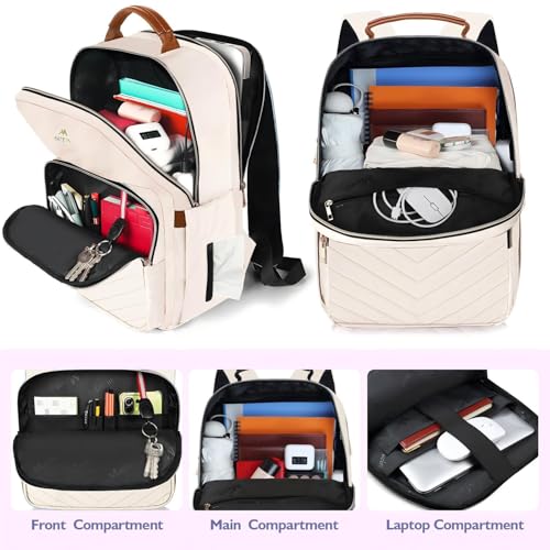 Image of MATEIN Lightweight School Backpack for Women, 15.6 Inch Laptop Backpack | Slim Design, Fashion Teacher Nurse Bag, with Leather Handles, Casual Daypack Perfect, for Work and Commute, Beige