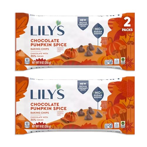 Lilys Chocolate Pumpkin Spice Baking Chips 2 packs (9 oz each one) - Lilys Chocolate Halloween Chips, Pumpkin Spice, Gluten Free, No Added Sugar, Low-Carb, Keto Friendly - Stevia Sweetened, Ideal for Baking and Topping, Delicious Pumpkin Flavor Halloween Candy