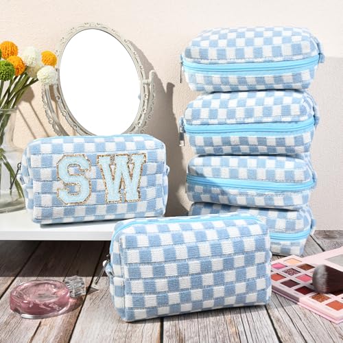 6 Pcs Preppy Makeup Bag Bulk Checkered Cosmetic Bag Light blue Makeup Pouch Personalize Travel Toiletry Bag Organizer Cute DIY Makeup Brushes Storage Bag for Women4