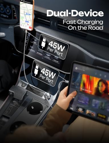 Image of LISEN 90W Car Charger USB C Fast Charge, USB C Car Charger Fast Charge, Type C Car Charger for iPhone 17 Pro Max 16 15 14 13 12 11, for Samsung S26 S25 S24 [with Lighning & USB-C Cable]