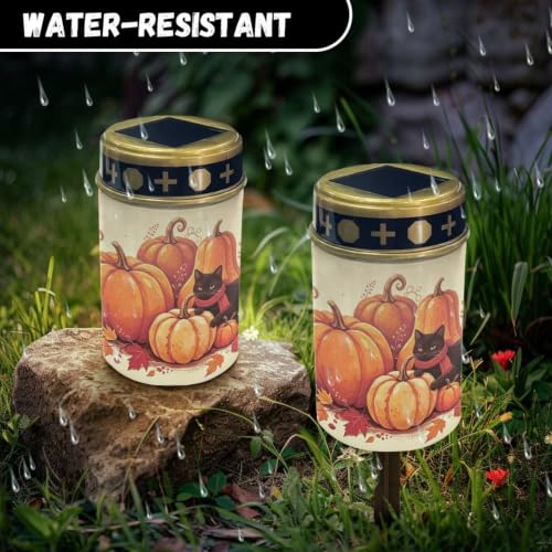 Image of Poceacles Solar Candle Cemetery Solar Lights for Grave LED Garden Flameless Powered Pathway Lights for Halloween Party Decorations, Black Cat Pumpkin Autumn Leaf Print Beige, Pack of 2