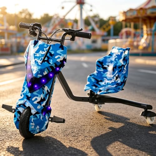 Triciclo Infantil con Derrape, Triciclo para Niños De 90 Kg De Capacidad con Luces LED En Las Ruedas, Asiento Ajustable, Giro De 360°, Kart De Derrape para Mayores De 8 Años(A,6.5IN)