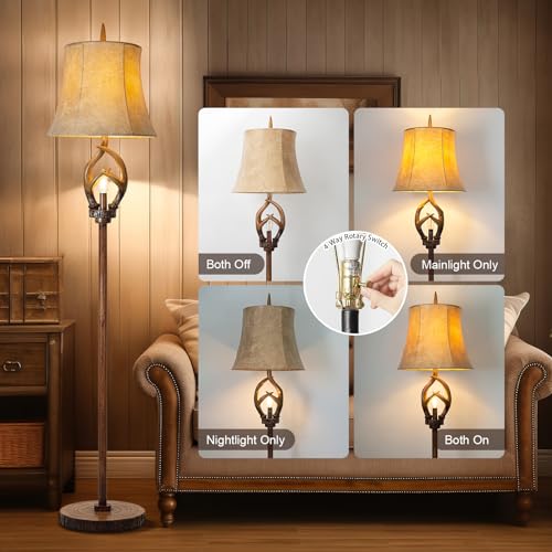 Rustic-Farmhouse-Antlers-Floor-Lamp-with-Night-Light-Faux-Leather-Bell-Shade-Brown-Finish-Tall-Industrial-Tall-Standing-Lamp-Decor-for-Living-Room-Bedroom-Hotel-Office-Bulb-Included Rustic Farmhouse Antlers Floor Lamp with Night Light Faux Leather Bell Shade Brown Finish Tall Industrial Tall Standing Lamp Decor for Living Room Bedroom Hotel Office Bulb Included