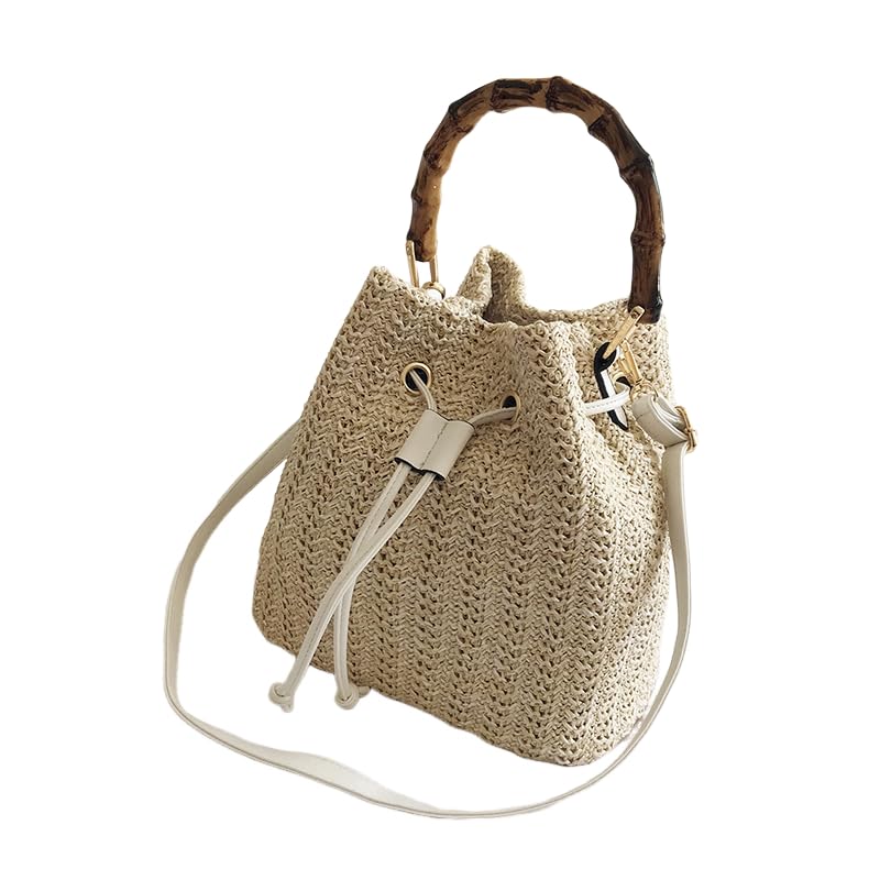 Handheld Straw Bag Fashionable Shoulder Crossbody Bag Bamboo Bag Bucket Bag-White