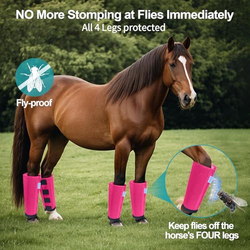 Image of Mesh Horse Fly Boots Set of 4, Loose Fitting Leggings for Horses, Reduce Stressful Stomping, Breathable Adjustable and Universal Fit for 4 Legs, Reliable Stay Put (Magenta)