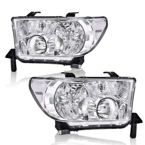 Image of GRAND ORANGE Headlights Assembly Compatible with Toyota Tundra 2007-2013, Fit Toyota Sequoia 2008-2017 Left & Right Headlamps, Clear Lens Chrome Housing Clear Reflector, 811100C051