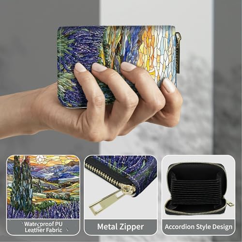 Image of Cute Credit Card Holder with Zipper, Stained Glass Lavender RFID-Blocking Card Case Small Wallet for Women Men, Multi-slot Card Organizer Case Travel Accordion Wallet