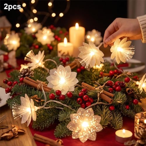2PCS 16.4ft Solar Flower Lights, Artificial Flower Fiber Optic Lights | Warm White LED Fairy Lights for Christmas Tree Home Party Decorations, Waterproof Hanging Lights, Decorative Lights - image 3