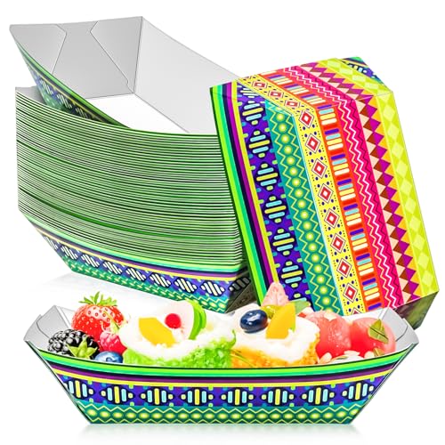 MotBach 50 Pack 2LB Paper Food Boat Trays Mexican Party Decorations, Disposable Kraft Paper Food Serving Tray Boat Plate for Snack Popcorn Sandwich Hotdog Burger BBQ Taco Fries Nacho
